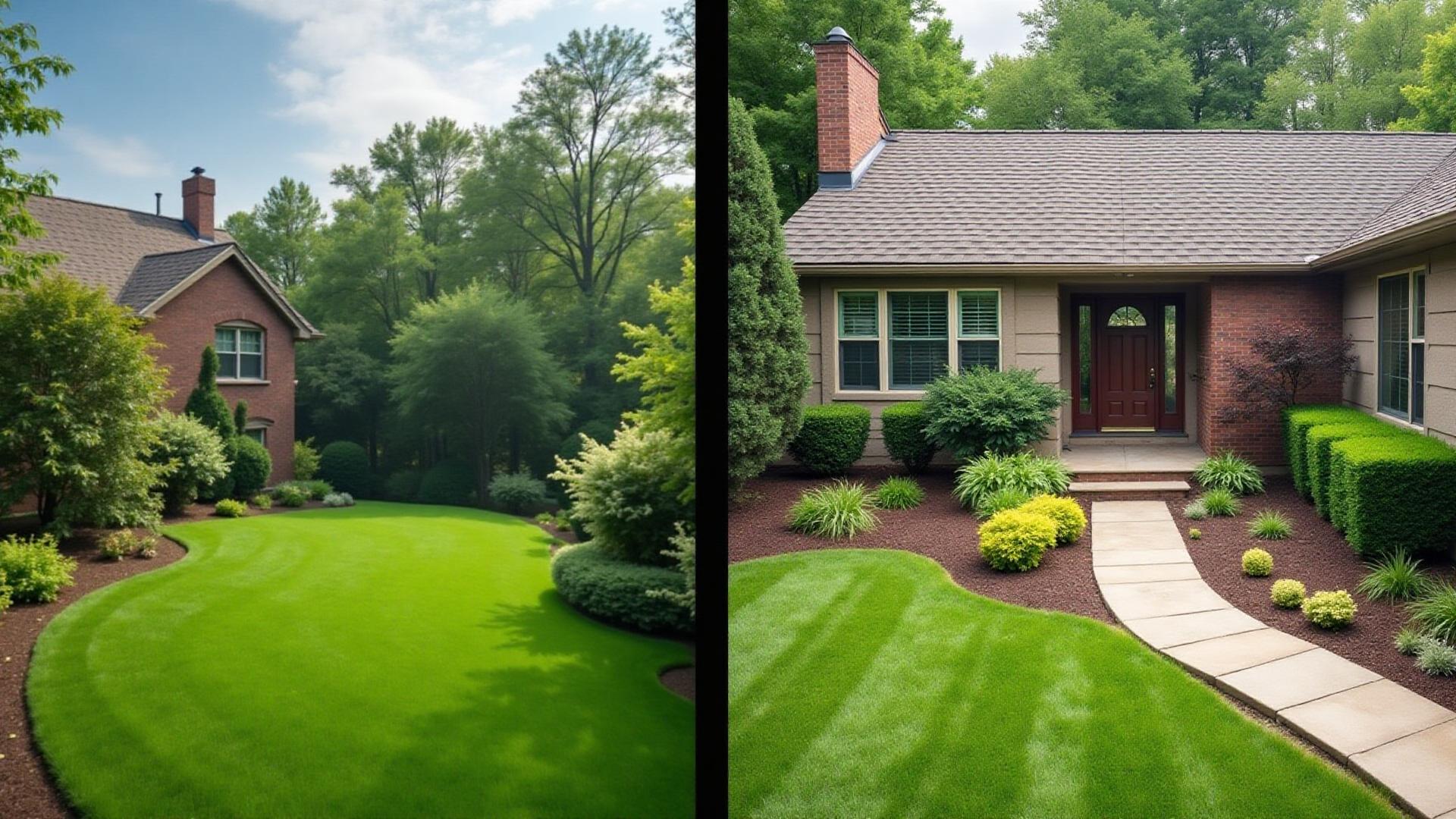 Professional landscaping transformation showing beautiful residential lawn design with manicured grass, ornamental plants, and custom hardscaping in Galt CA